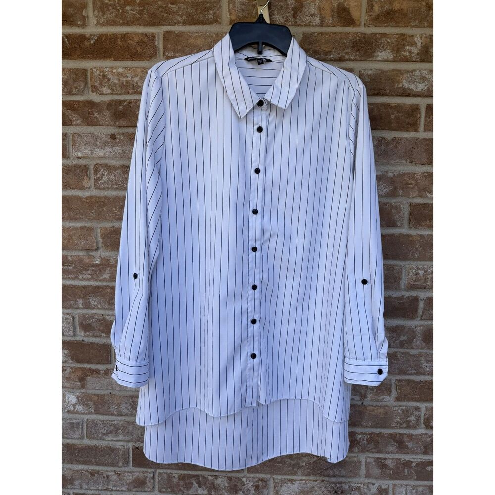Unique Spectrum Black Pinstripe High Low Button Down Blouse L